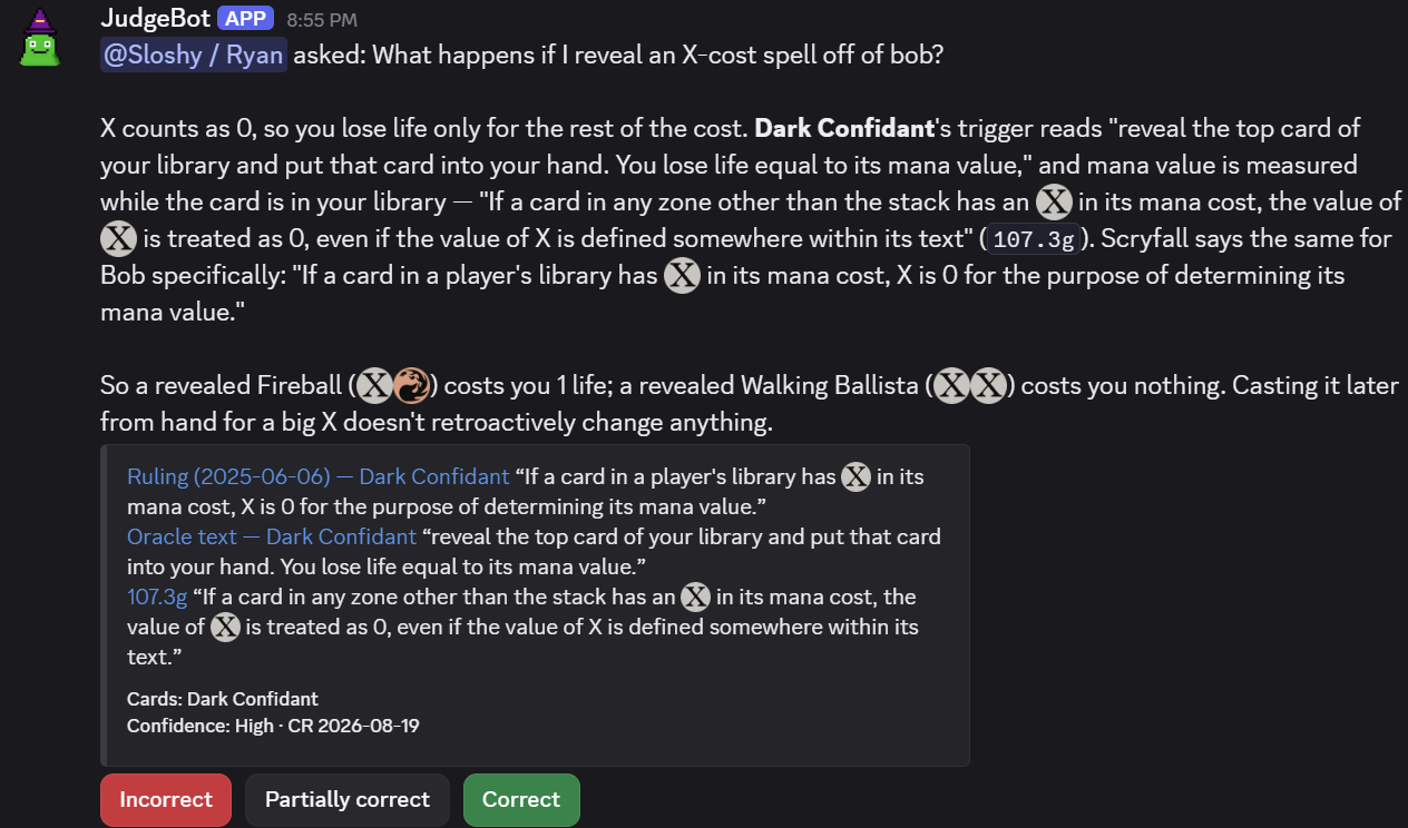 A Discord reply to /judge. It restates the question about revealing an X-cost spell to Dark Confidant and answers in two paragraphs that X counts as 0, with a rule number inline and mana symbols drawn as pictures. An embed quotes a dated Dark Confidant ruling, the card’s Oracle text and rule 107.3g, and ends with “Cards: Dark Confidant”, the confidence and the CR version. Three buttons follow: Incorrect, Partially correct, Correct.