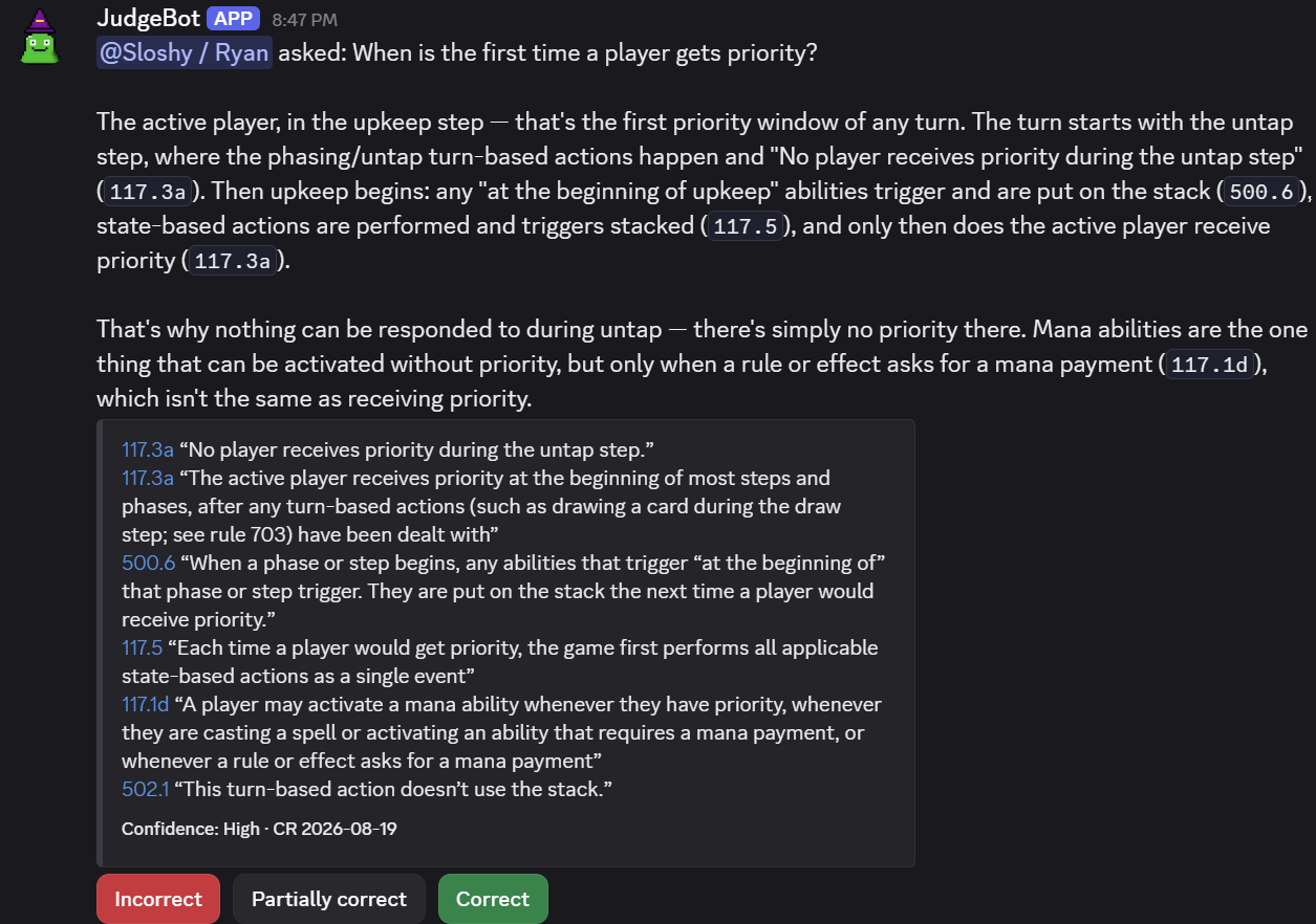 A Discord reply to /judge asking when a player first gets priority. The answer runs to two paragraphs with rule numbers inline, six rule quotations follow in an embed with the confidence and CR version, and three rating buttons sit beneath.