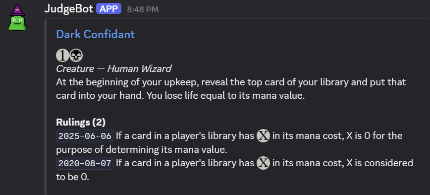 The /card reply for Dark Confidant: the name as a link, the mana cost drawn as symbols, the type line, the Oracle text, and two rulings, each with its date.