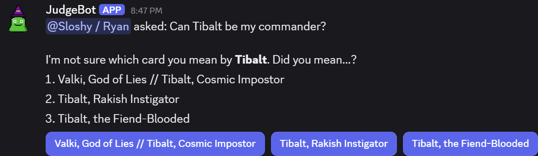 A Discord reply asking which Tibalt was meant: a numbered list of three cards, and a button for each.