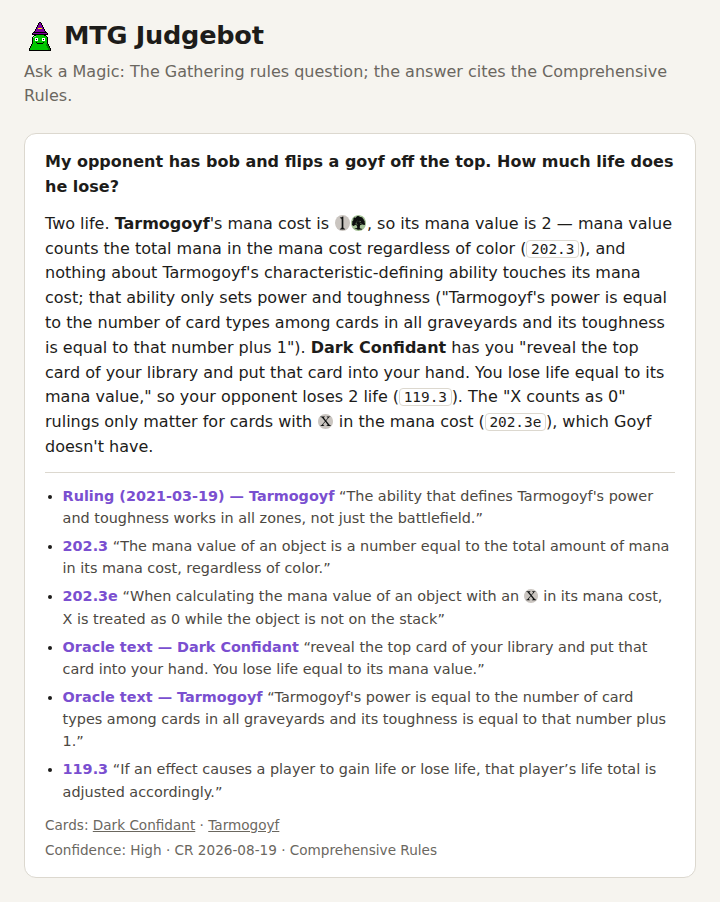 The web page answering a question about Dark Confidant and Tarmogoyf: the ruling, six linked citations, the cards the question was resolved to, and the confidence.