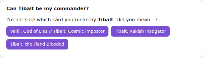 The web page asking which Tibalt was meant, with three cards to choose from.